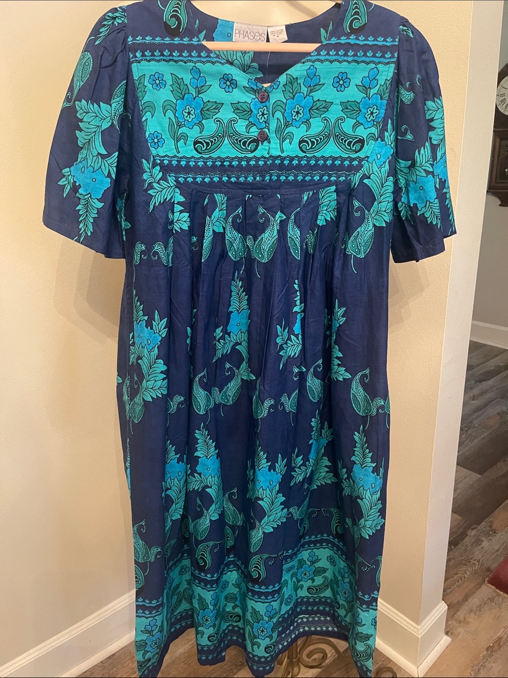 Navy Blue Midi Dress with Teal Floral Print